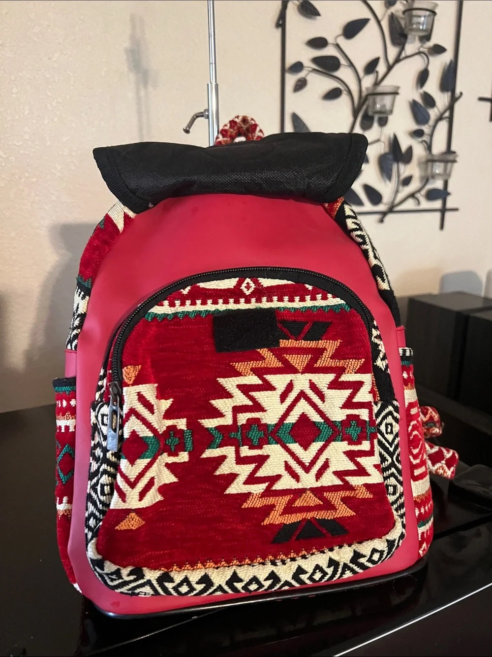 Red Aztec Print Mini Backpack with Pink Trim